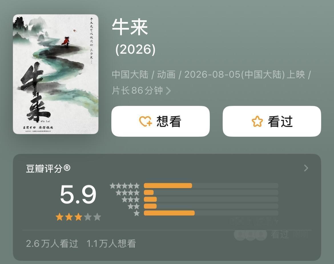 《牛来》差点及格，豆瓣开分5.9，评分曲线长出了两只牛角，业内人士惊呼从未见过这