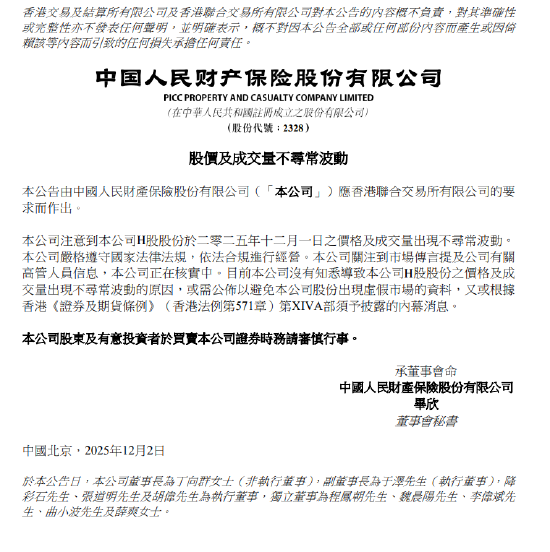 人保财险: 12月1日股价及成交量异常波动 暂未查明原因