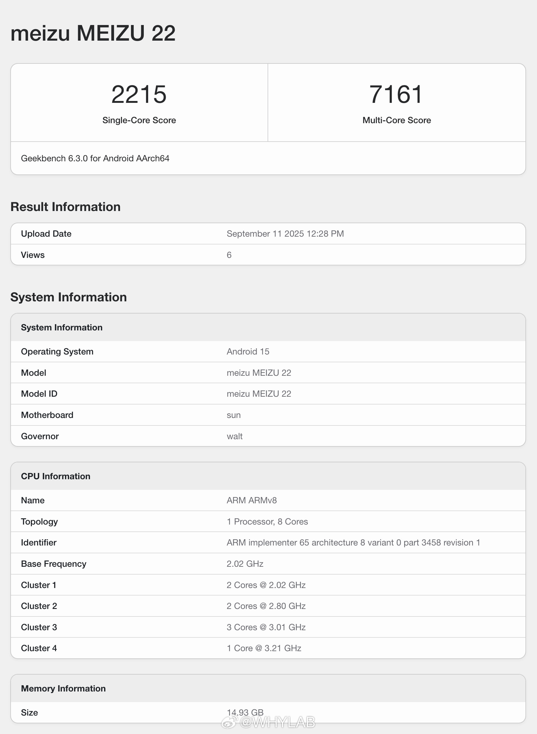 魅族22Geekbench6跑分出炉，骁龙8sGen4处理器，1
