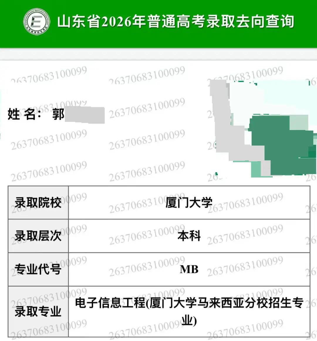 山东考生郭同学，高考644分，全省位次6500，被厦门大学马来西亚分校录取。厦大