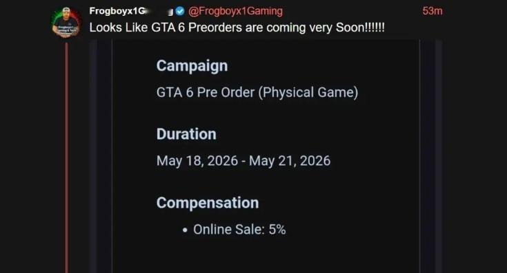 玩家晒出百思买发的邮件，显示《GTA6》预购时间为5月18日-21日期间开启。另