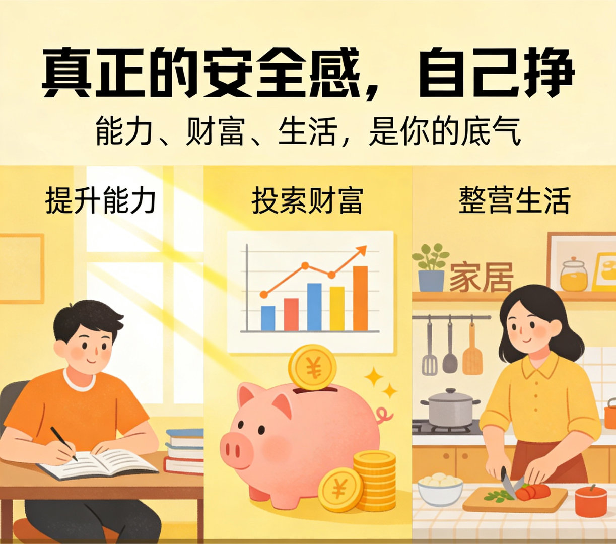 真正的安全感，从来不是别人给的，而是自己挣的。努力提升能力、认真积累财富、用心经