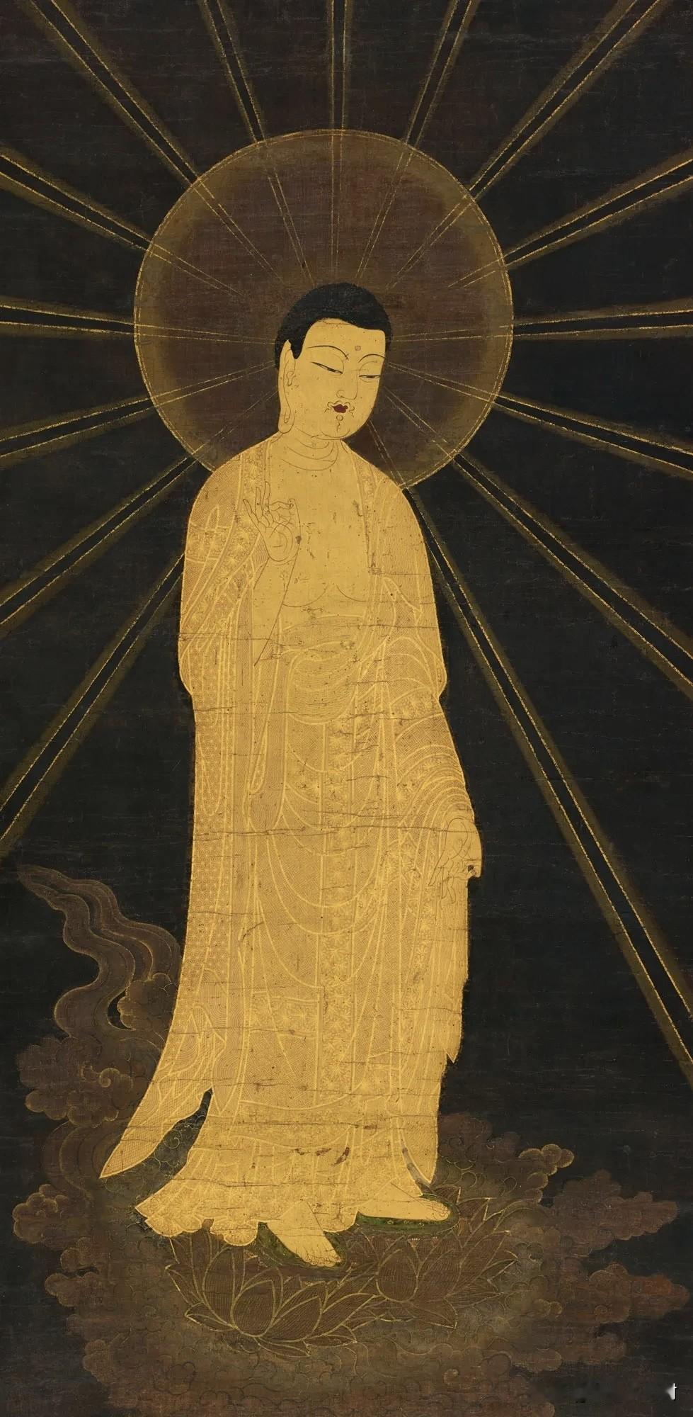 黑金古画｜踏云而来，阿弥陀佛千里赴约接引黑底描金，沉静又震撼人心。这幅珍