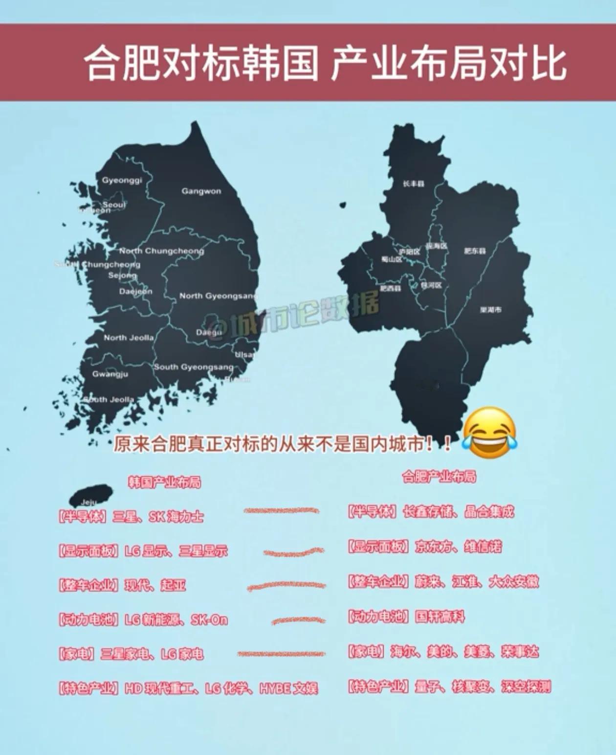 合肥对标的从来不是国内城市，而且整个韩国，对比合肥和韩国的优势产业，合肥差的是没