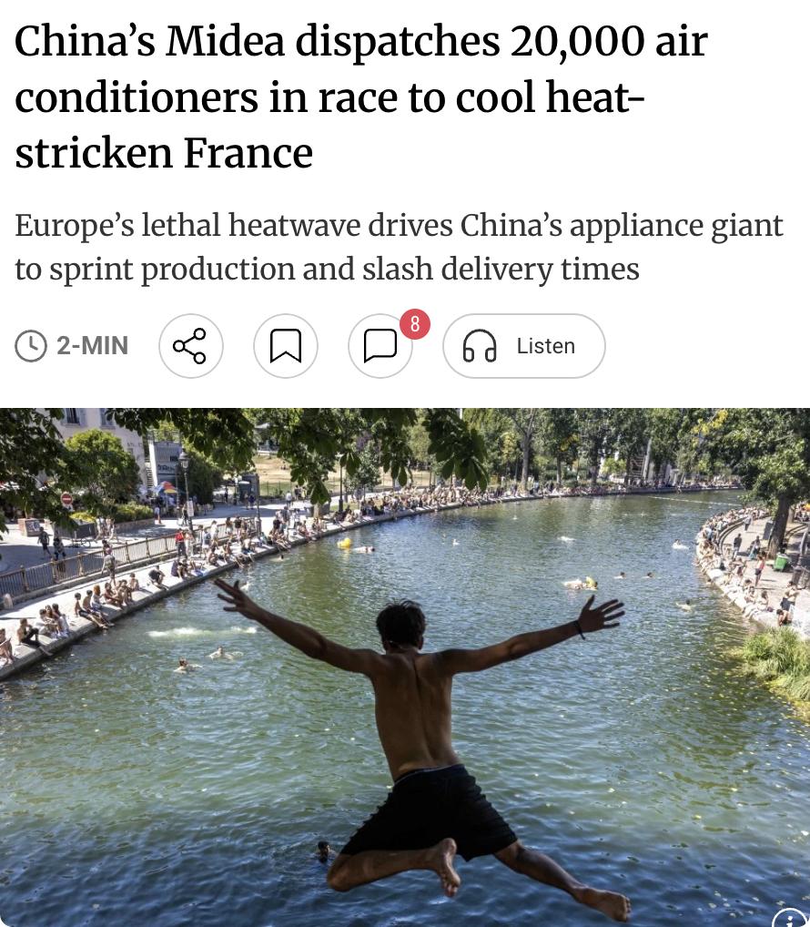 外媒：中国家电巨头美的在7天内紧急向法国发运2万台空调，以应对欧洲致命热浪带来的