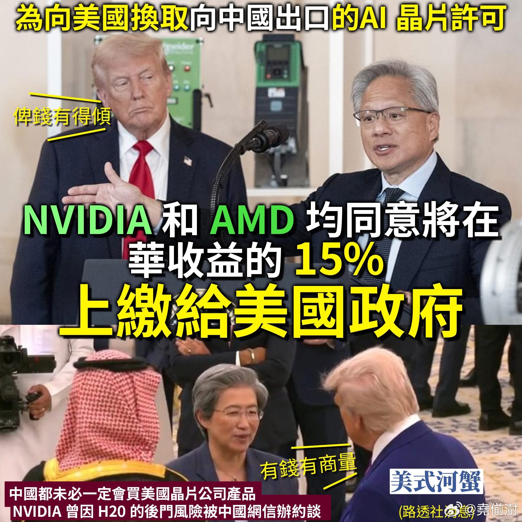 英伟达和AMD将在华收益的15%上缴给美国政府换出口许可英伟达AMD同意向美