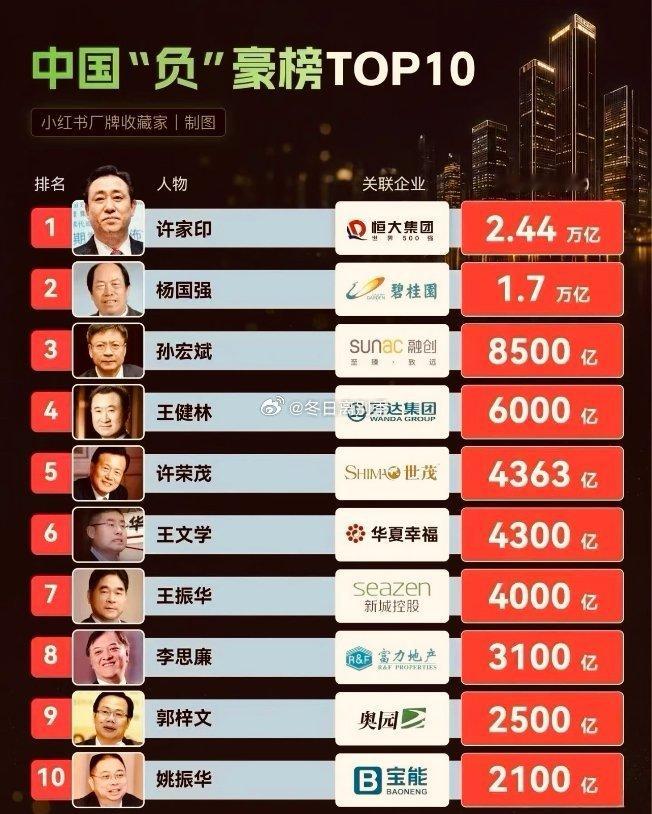 中国“负”豪榜TOP10