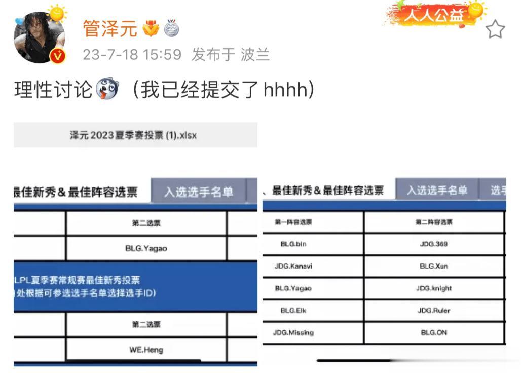 管泽元晒出自己最佳阵容投票！常规赛MVP给到了kanavi，最佳新人给到了t