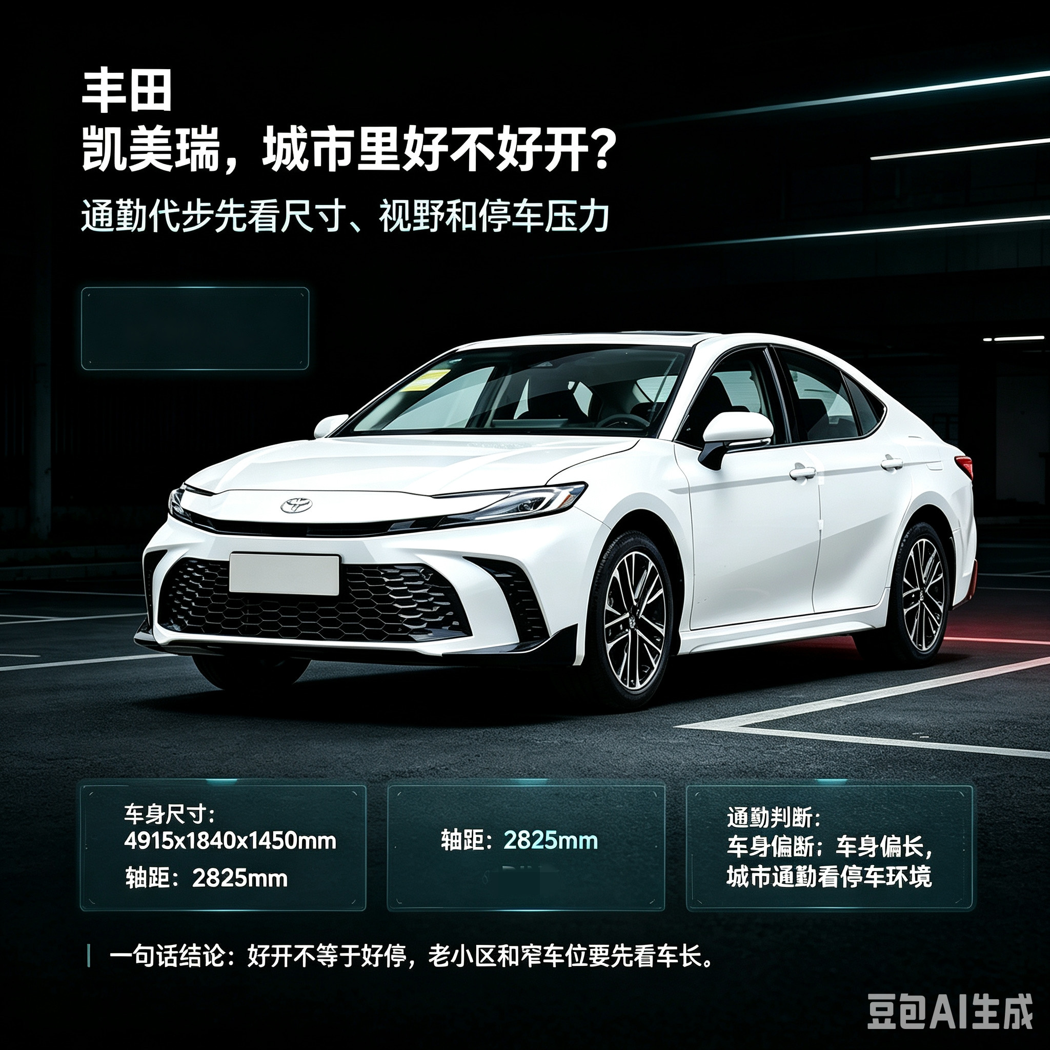 丰田凯美瑞在城市里好不好开，核心不只是动力和视野，还要看停车环境。车身尺寸为4915x1840x14