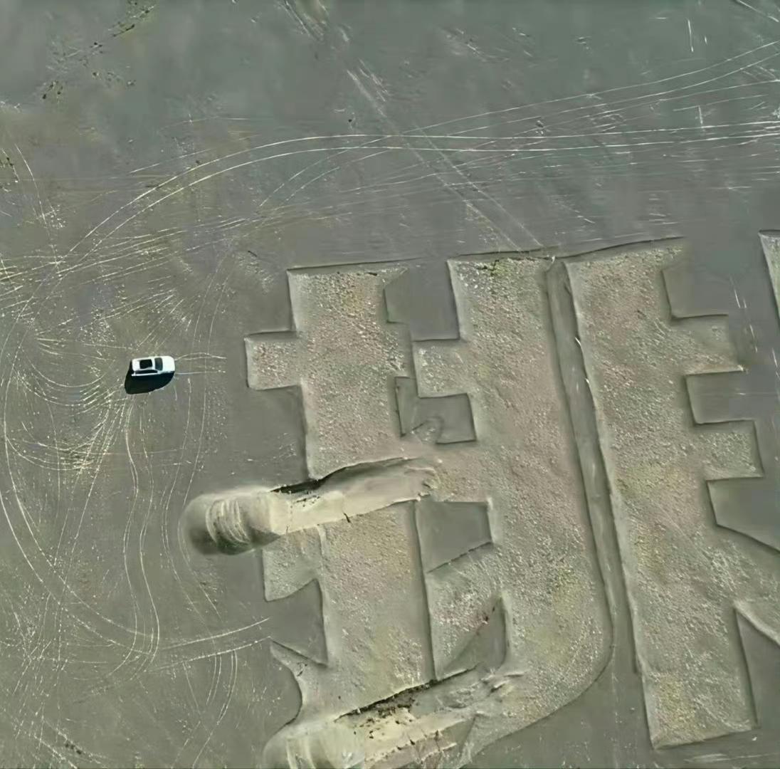 还是网友眼睛好，在发现哈密“为人民服务”字被汽车碾压之后，又有一处“排除万难”被