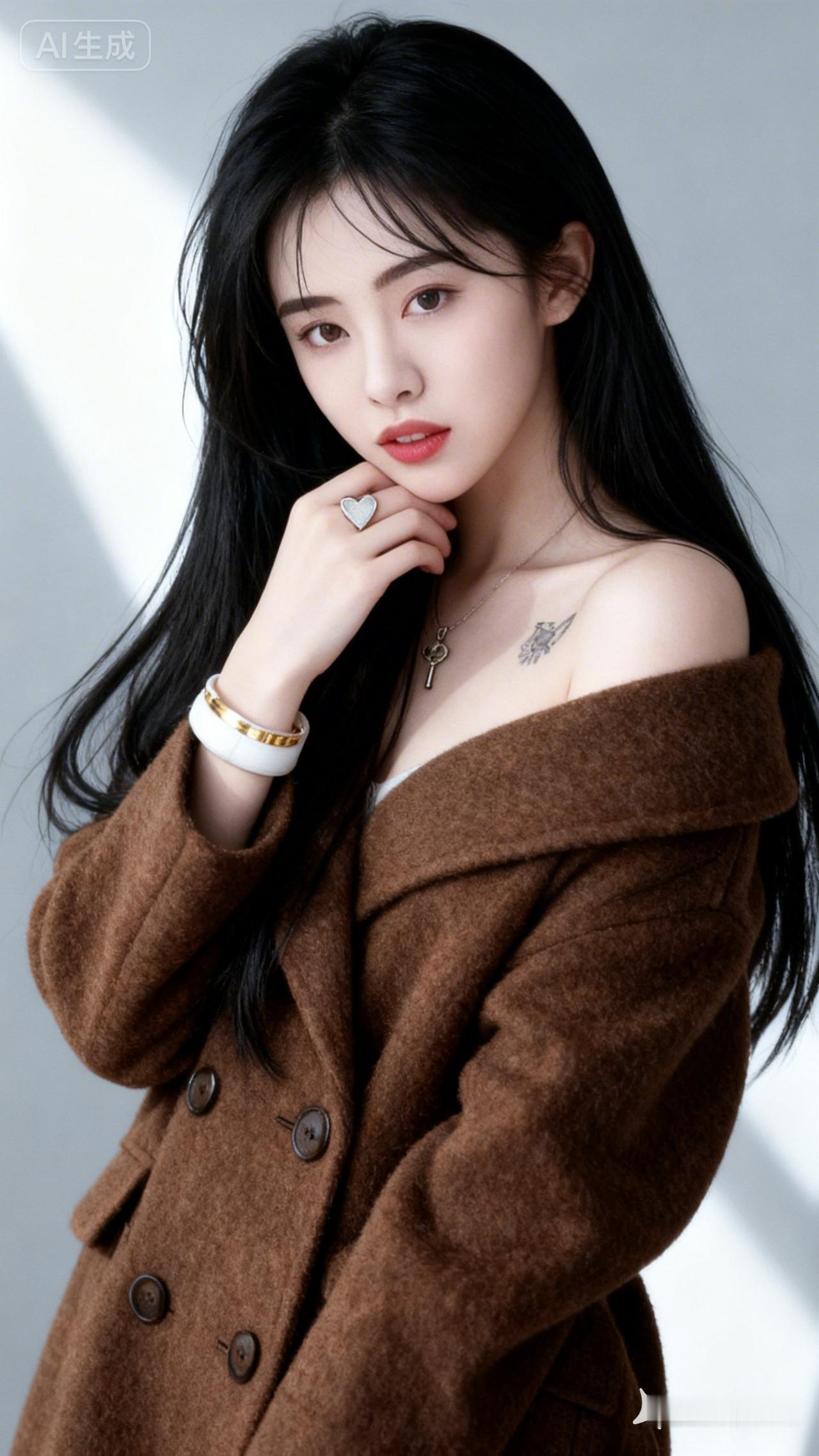 温柔黑发少女，棕色大衣，心型项链，复古优雅。