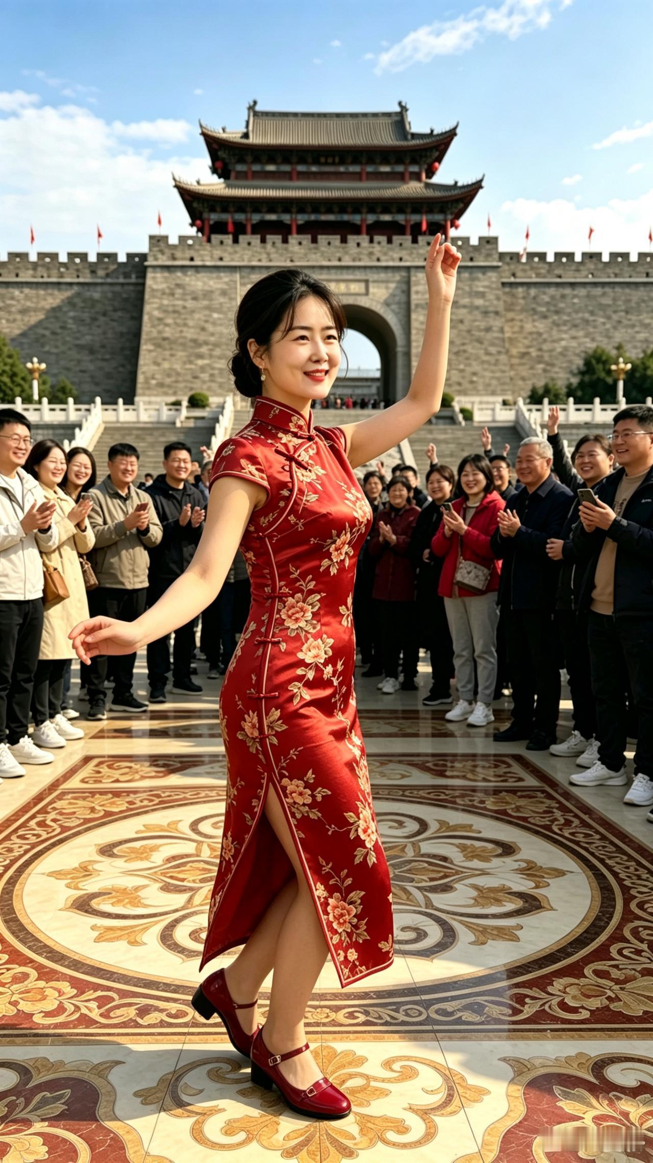 珠江源畔起清风，锦缎旗袍映日红。万众凝眸齐喝彩，身姿胜似画中融。