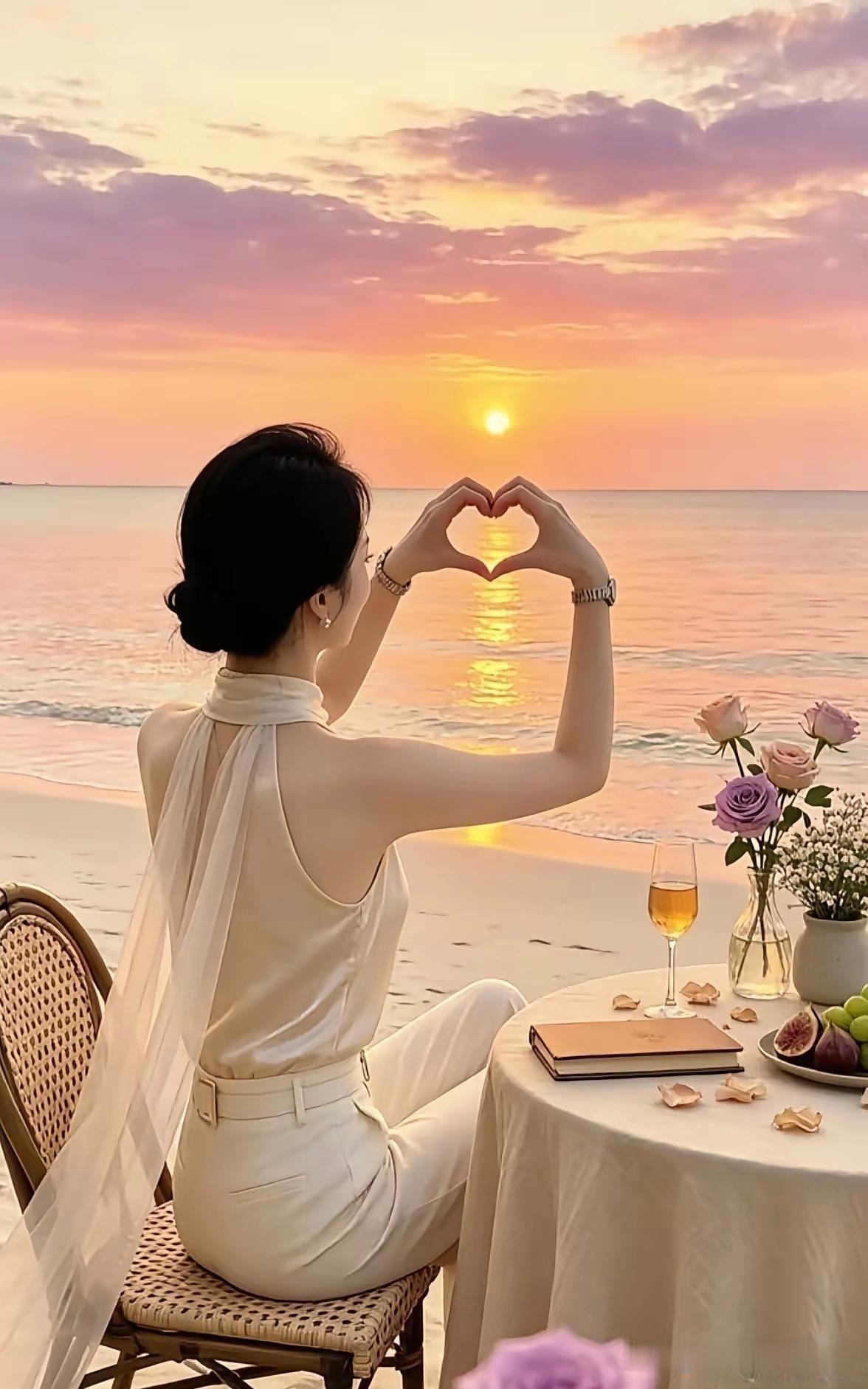 海边日落看着太治愈了！小姐姐坐在沙滩上对着夕阳比心，背影特别温柔。一身浅色