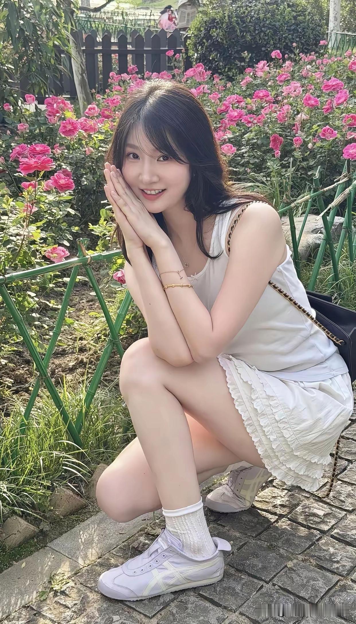蔷薇花墙下，是被阳光吻过的白裙少女