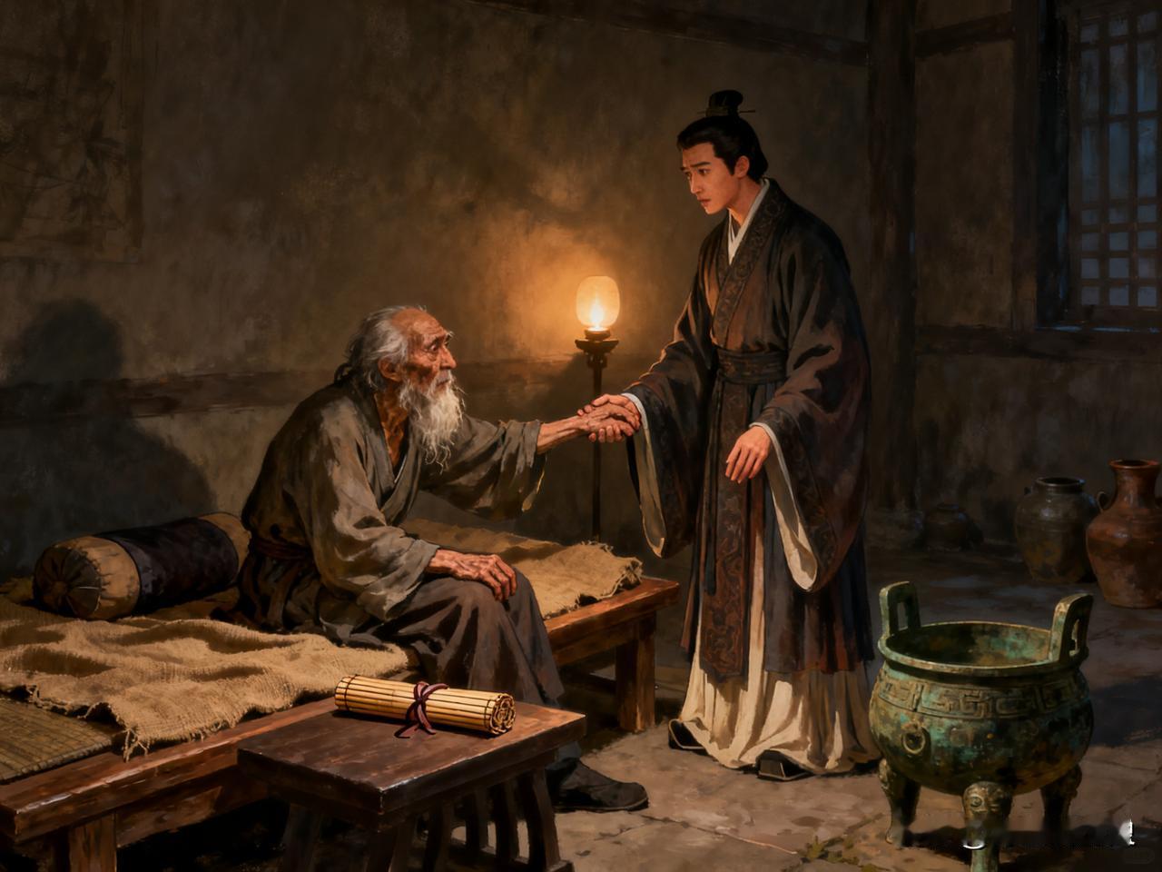 公元前627年冬，秦国雍城。孟明视跪在父亲百里奚的病榻前，手里攥着一卷冰凉的竹简