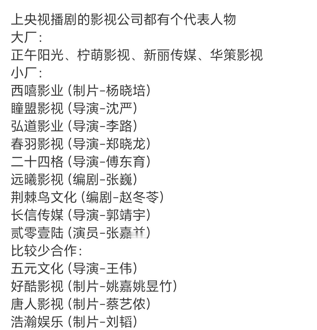 主流的影视制作公司一共就这些，光看名字就能感受到谁都是哪个山头的，每个人都有自己
