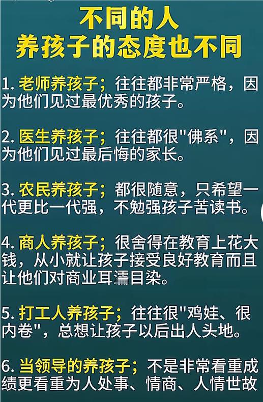 不同职业养孩子态度各有不同。