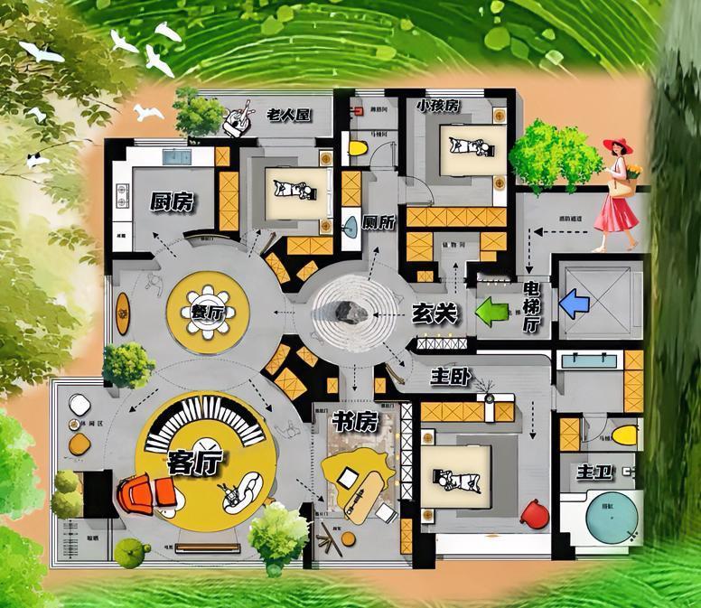 一圆定玄关，二圆铸餐厅，三圆满客厅，成就194㎡这个大平层，八面通透感无人超越！