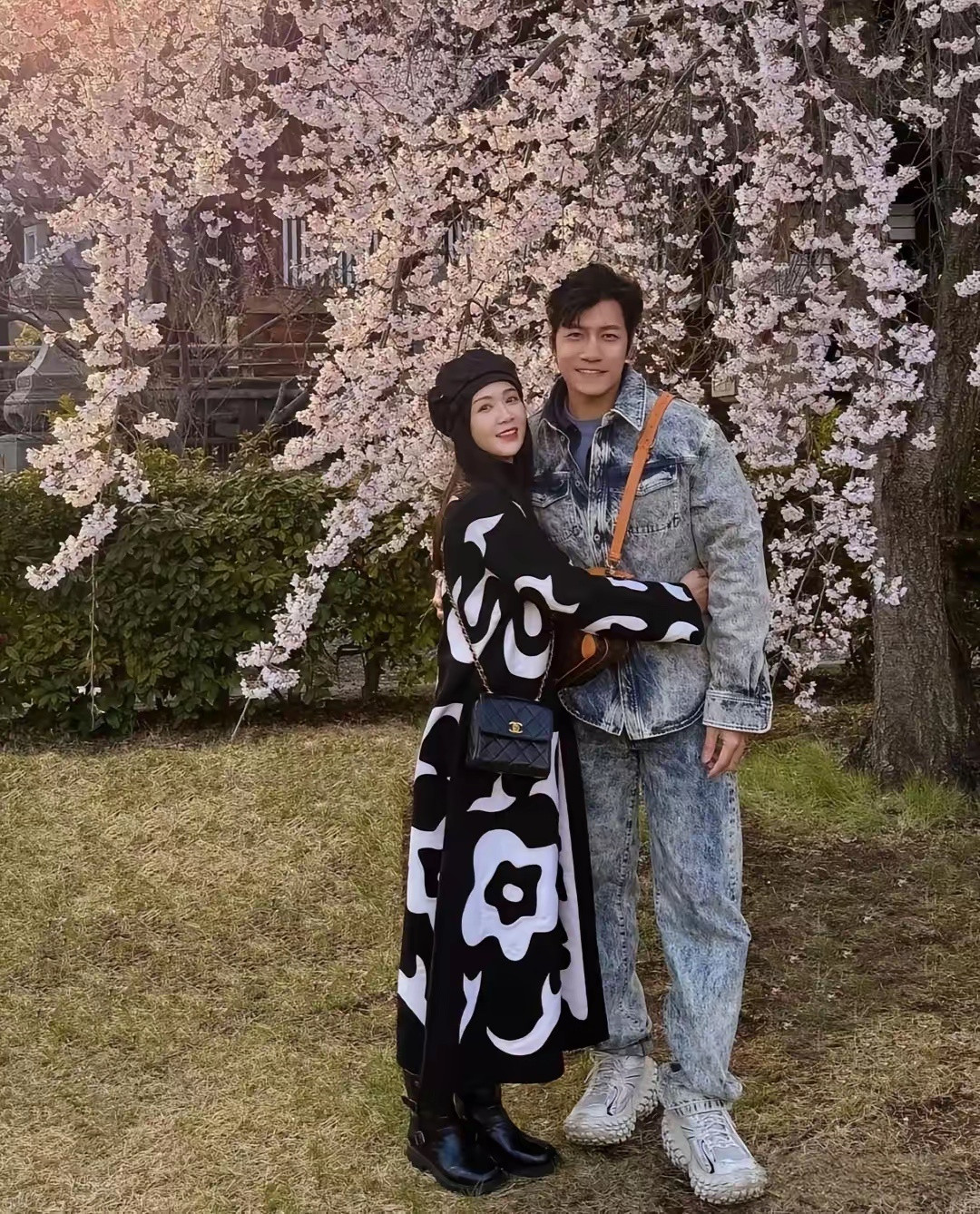 47岁陈乔恩和老公艾伦在日本赏樱花，夫妻俩打扮时尚，在樱花树下拥抱合照，看起来好