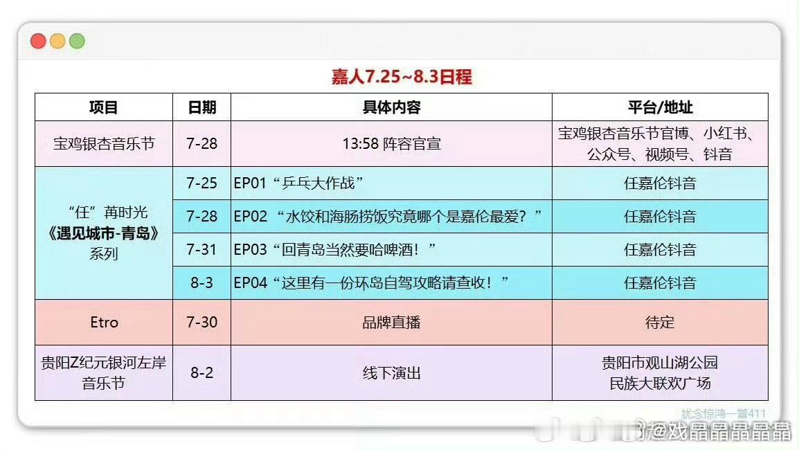 嘉人7.25-8.3日程表，任嘉伦好忙碌，嘉人姐姐好幸福啊！🙌[打c
