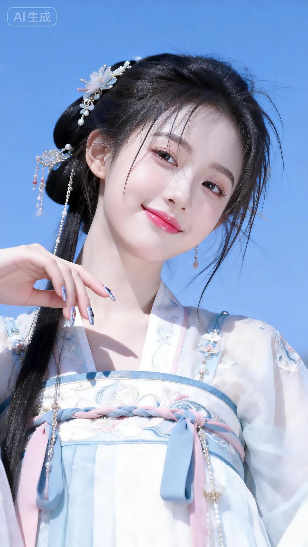 温柔古风少女，蓝白相间华服，发间花饰点缀，宛如仙子降临。