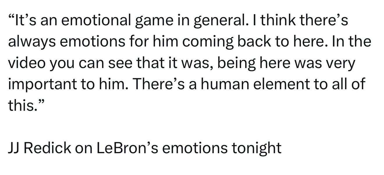JJ·雷迪克谈及勒布朗今晚的情绪：“总的来说，这是一场充满情感的比赛。我想每次回