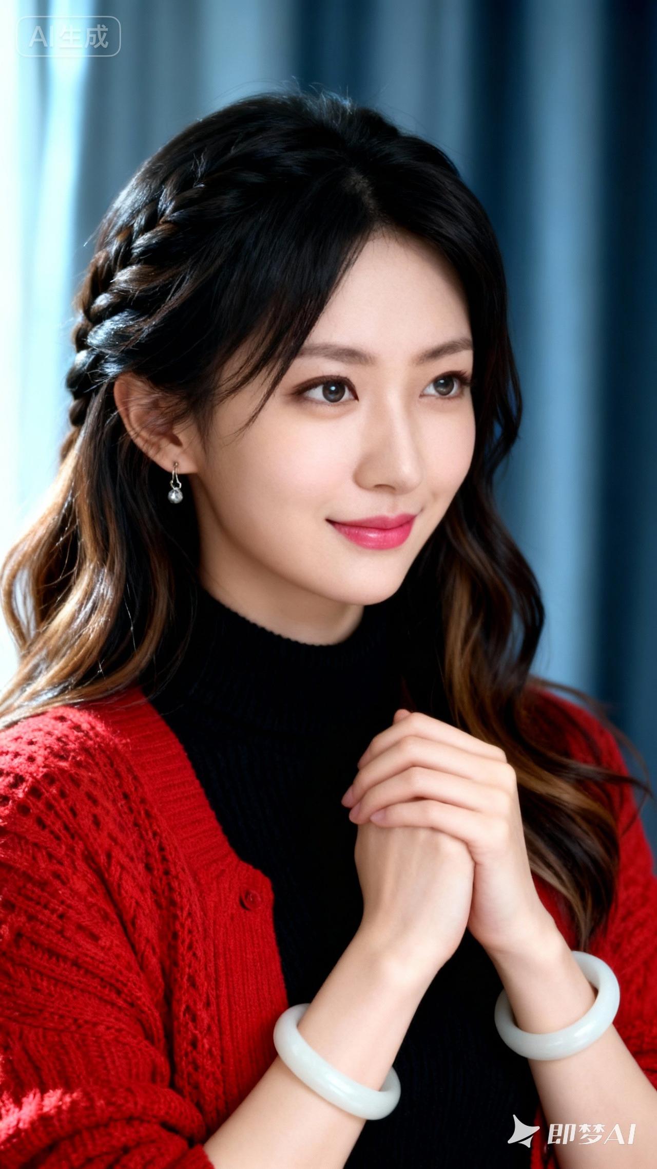 温柔甜美的少女，红衣黑发，微笑动人。