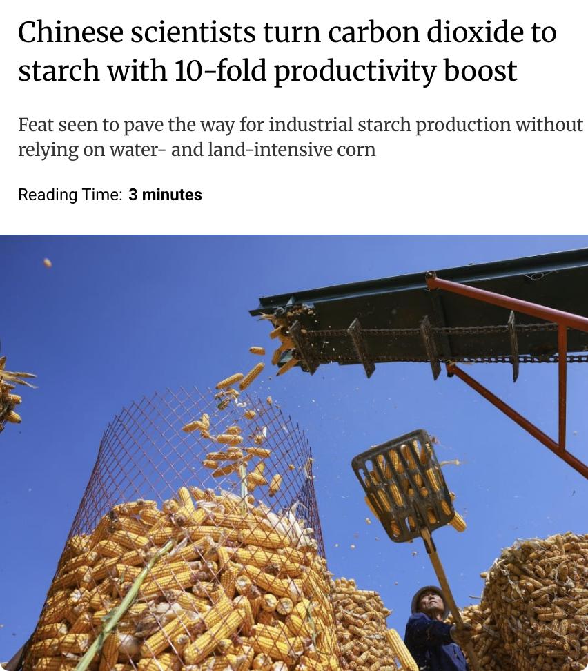 外媒：中国科学家将二氧化碳转化为淀粉的效率提高了10倍，这一成果有望推动工业淀粉