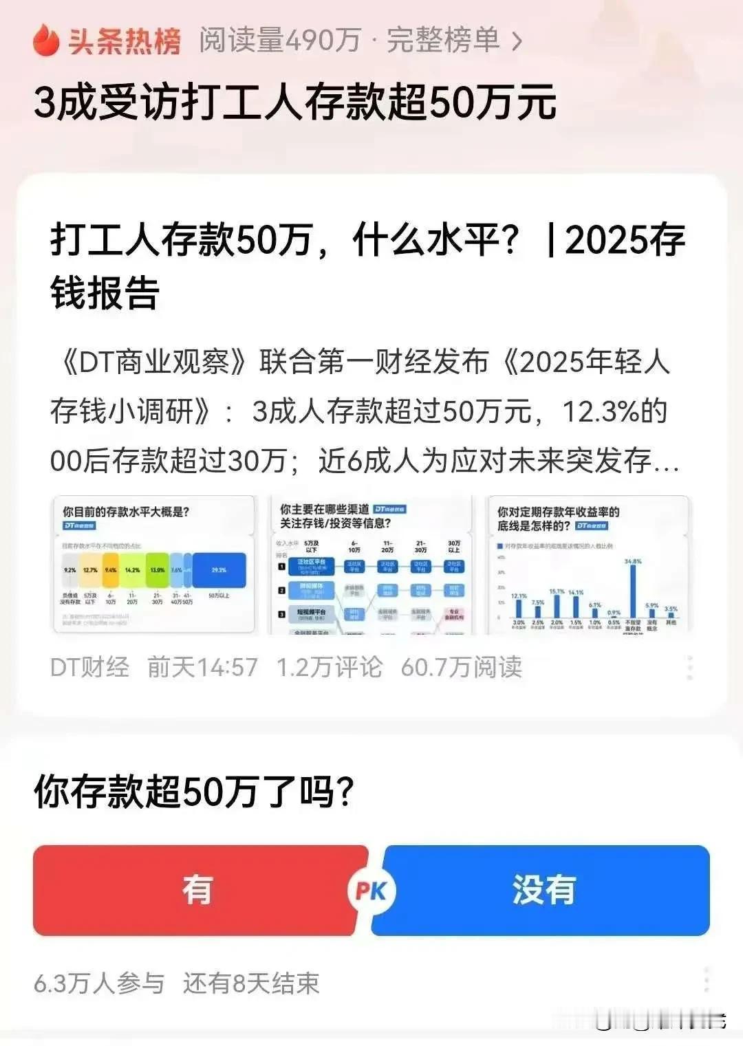第一财经透露:中国国内三成打工人存款超50万，12.3%的00后存款超30万