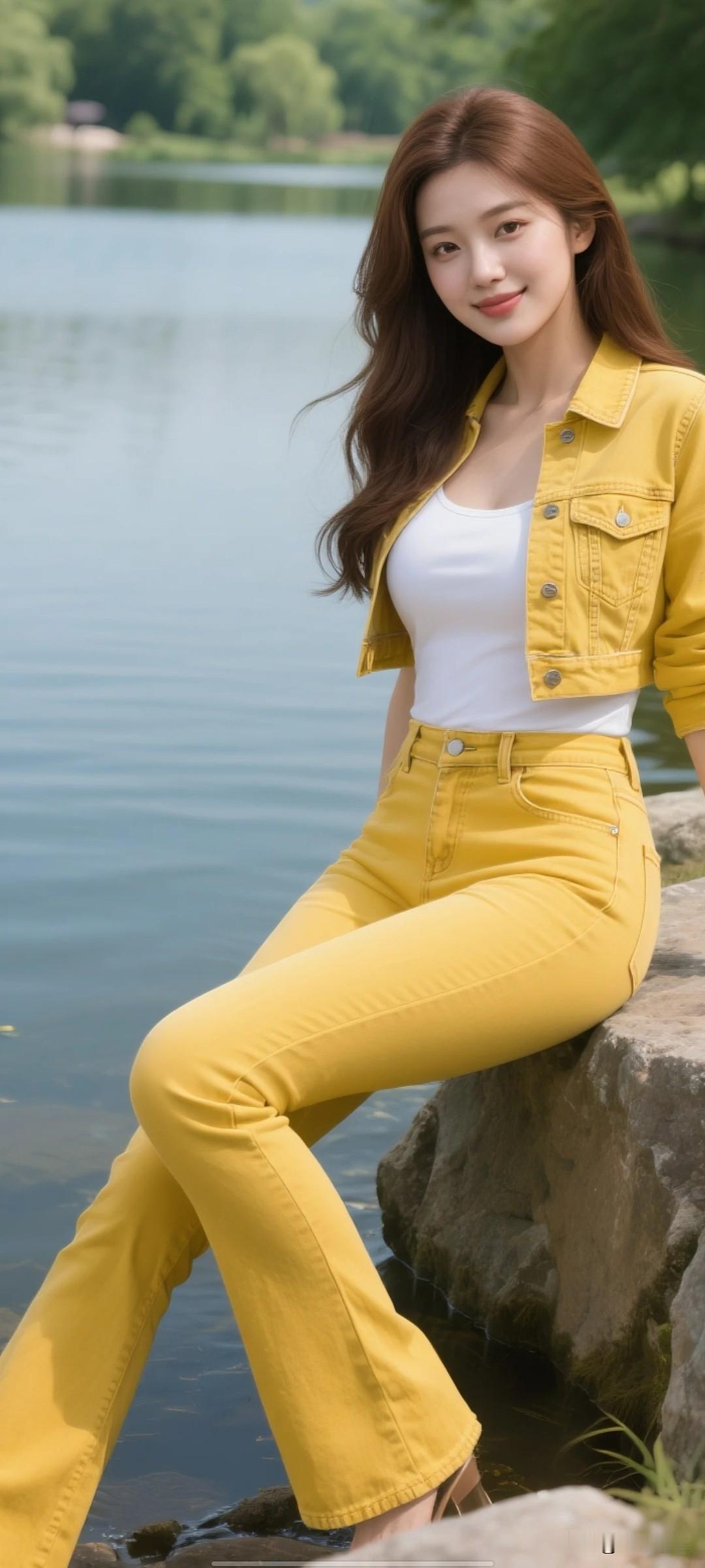 怎样穿搭知性又显身材?小河边散步，黄色紧身微喇叭裤，可以试试。