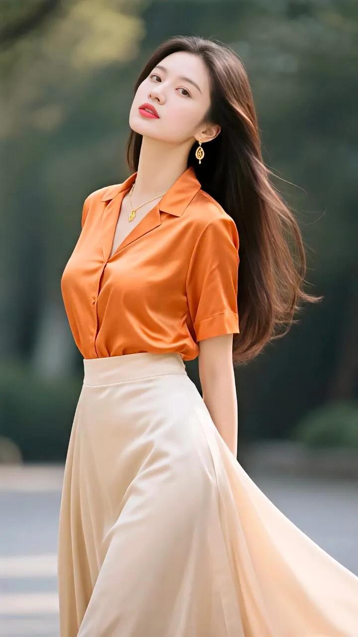 优雅橙衣搭配长裙，秋日里的一抹亮色