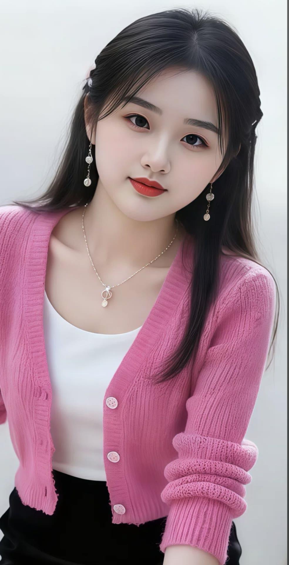 甜美少女风，粉色针织衫搭配白色内搭，清新自然，少女心爆棚！💖💖💖