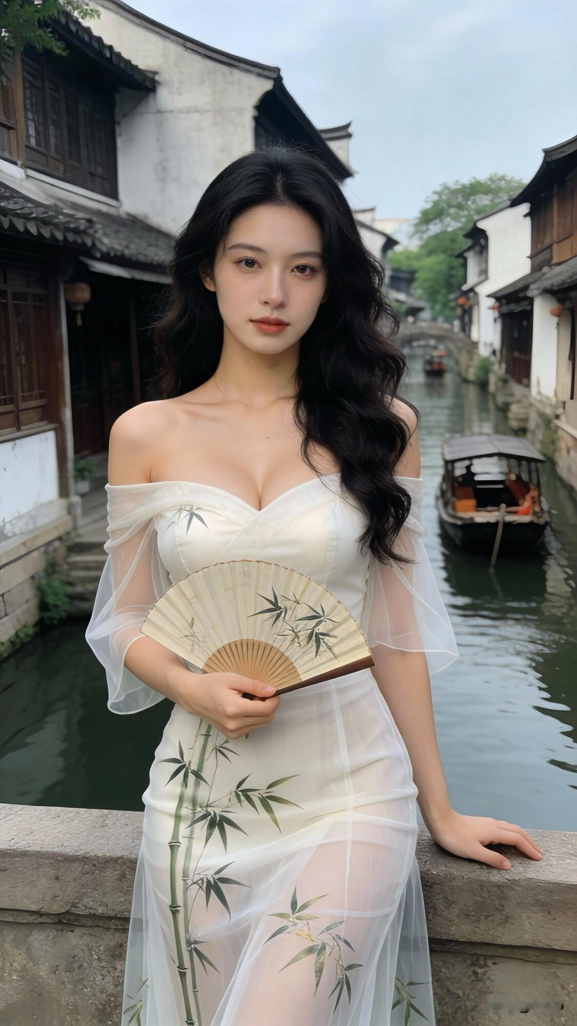 江南水乡的柔美女子，竹叶轻摇，韵味悠长。