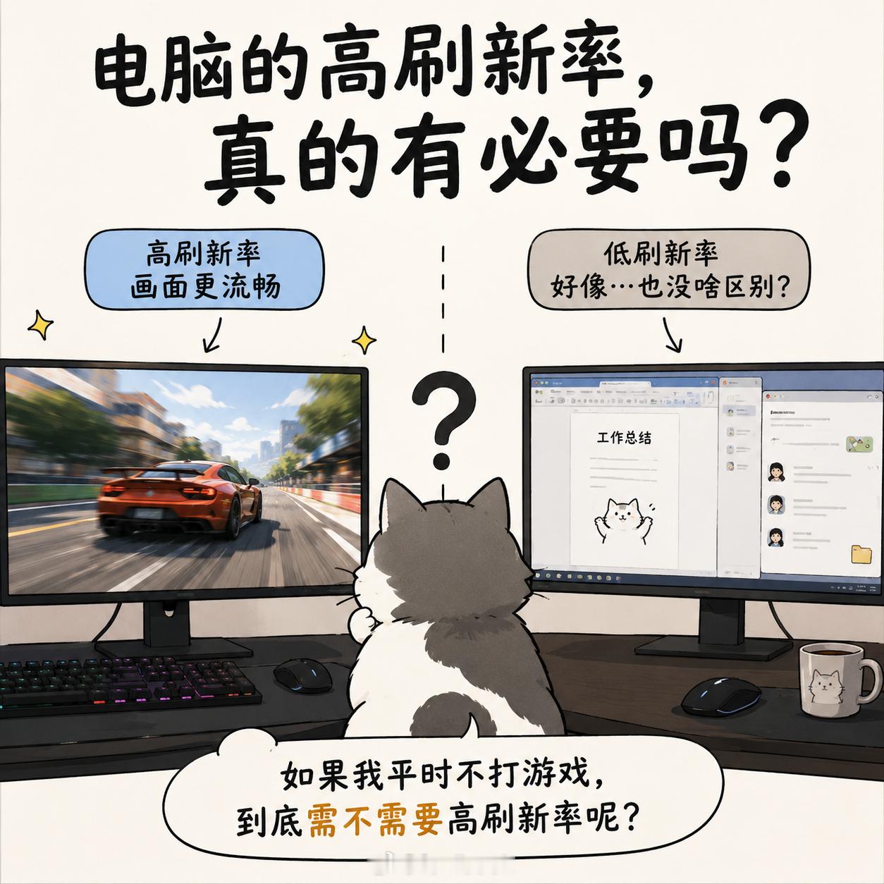 可能因为不会玩游戏，所以我一直不理解电脑为何需要高刷虽然我电脑是高刷，但是我设置
