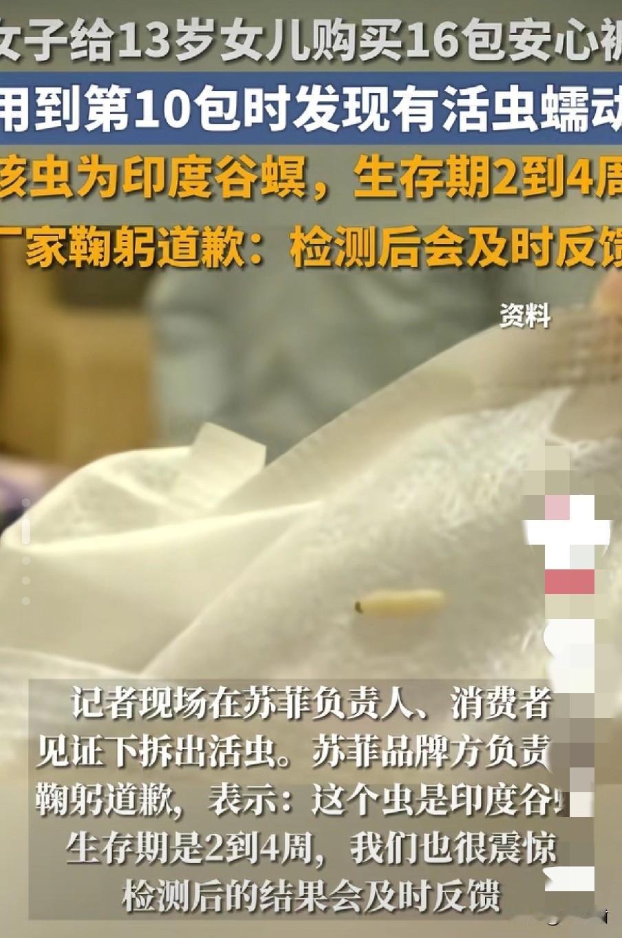 苏菲品牌卫生巾发现活虫,后续来了。近日,一郑州母亲给13岁孩女儿买的苏菲品牌