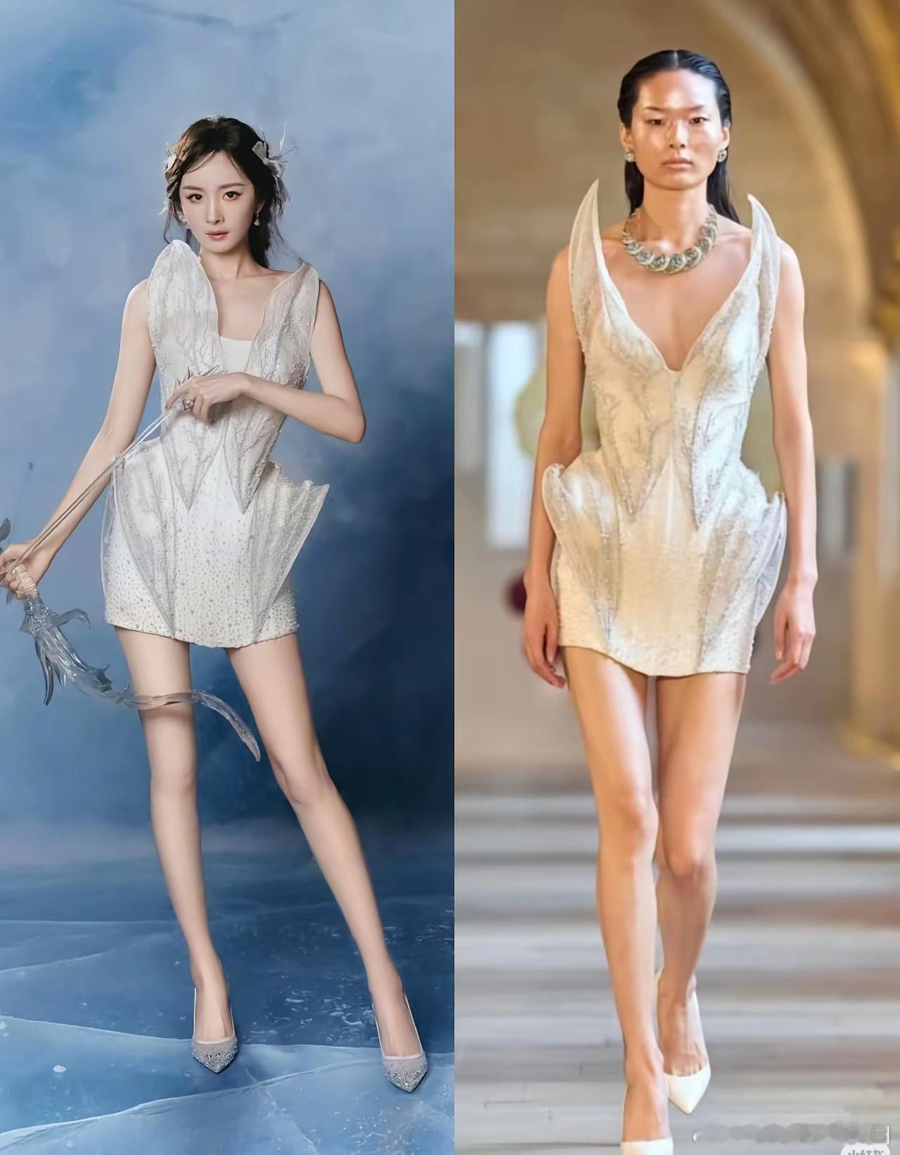 没有对比就没有伤害，同一条裙子，被杨幂穿美出了新高度。​右边人模特原图，看上去并