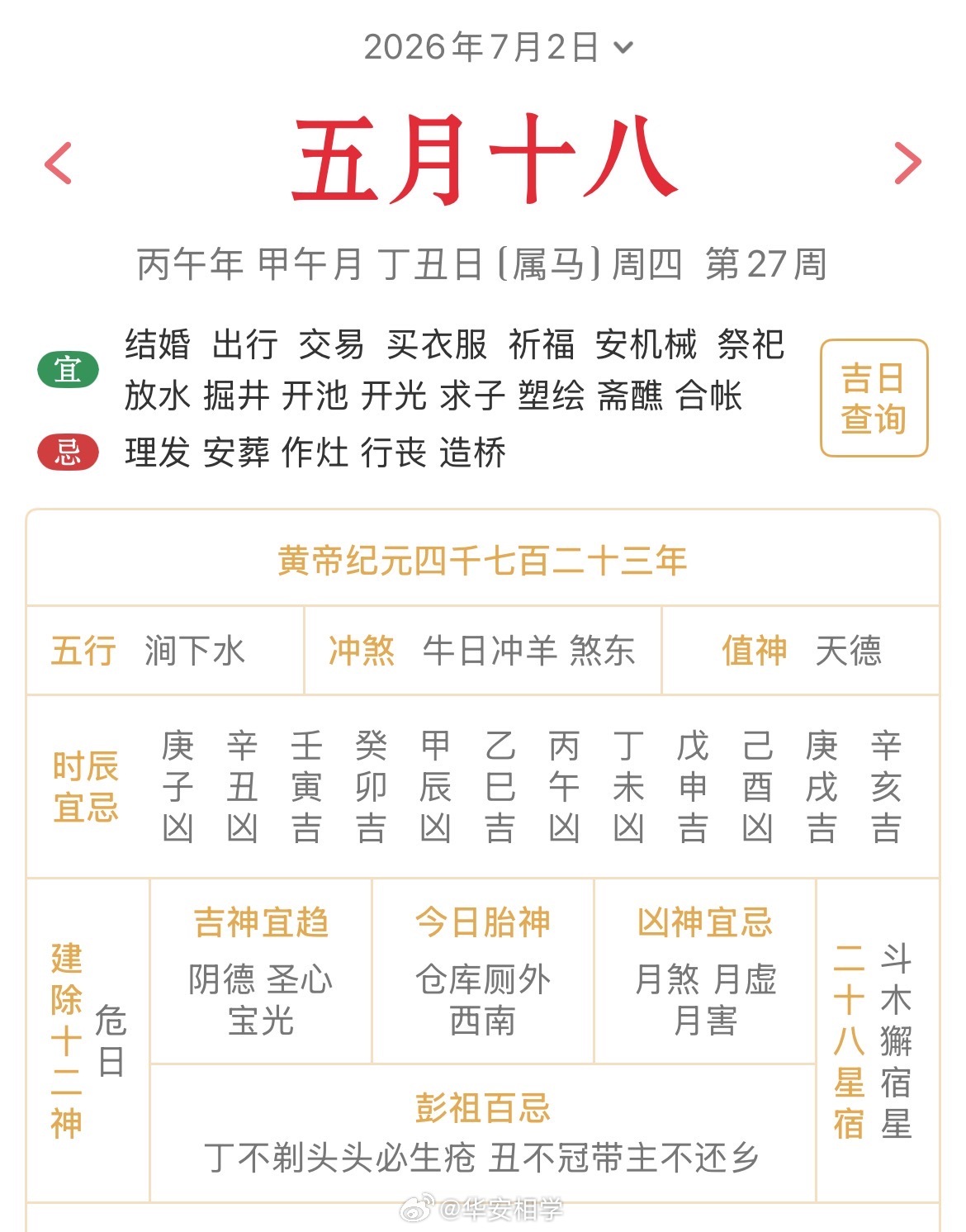 十二生肖每日简运仅供参考2026.7.2丙午年甲午月丁丑日丁丑天克地冲辛未：八