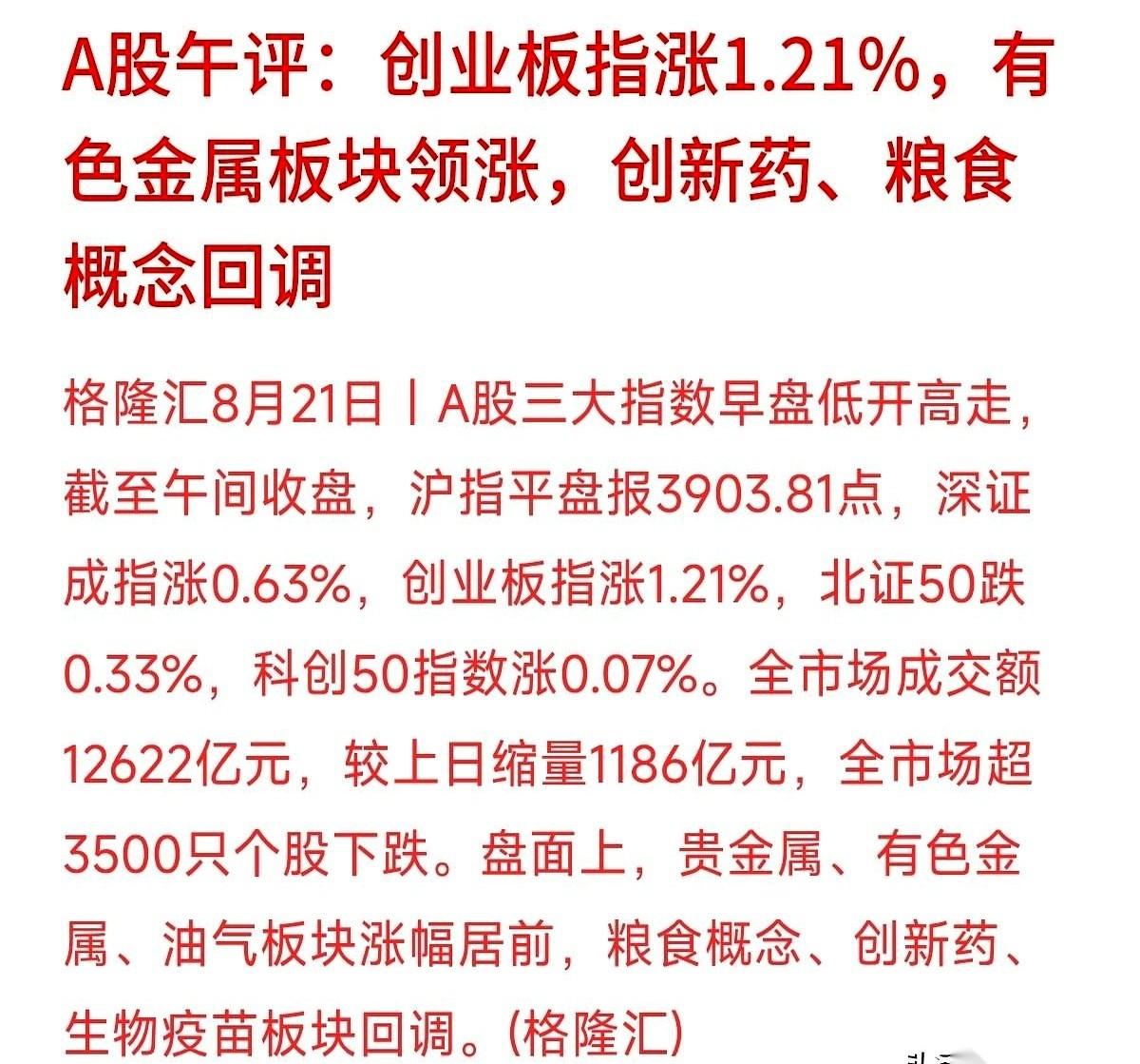 中午收盘，我专门去看了一眼大盘。创业板指，红得刺眼，+1.21%。可评论区里，