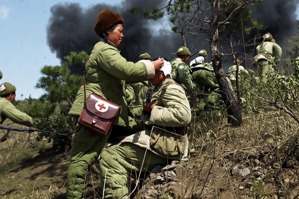 这张照片定格了抗美援朝战场的紧急救护瞬间，硝烟在山地中翻涌，志愿军女卫生员身背红