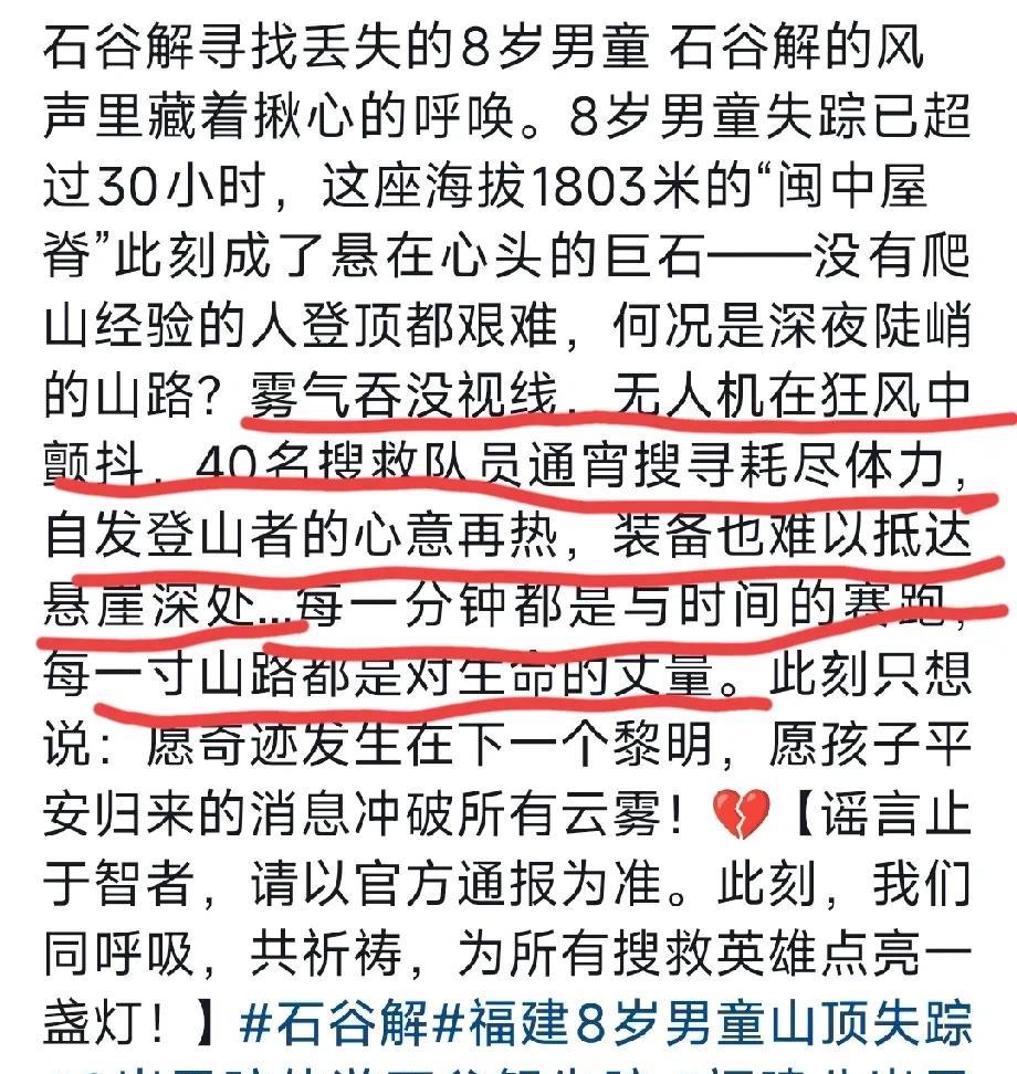 揪心啊！在石谷解走丢的8岁男孩已经失踪超过30个小时，还是一点线索也没有。救援队