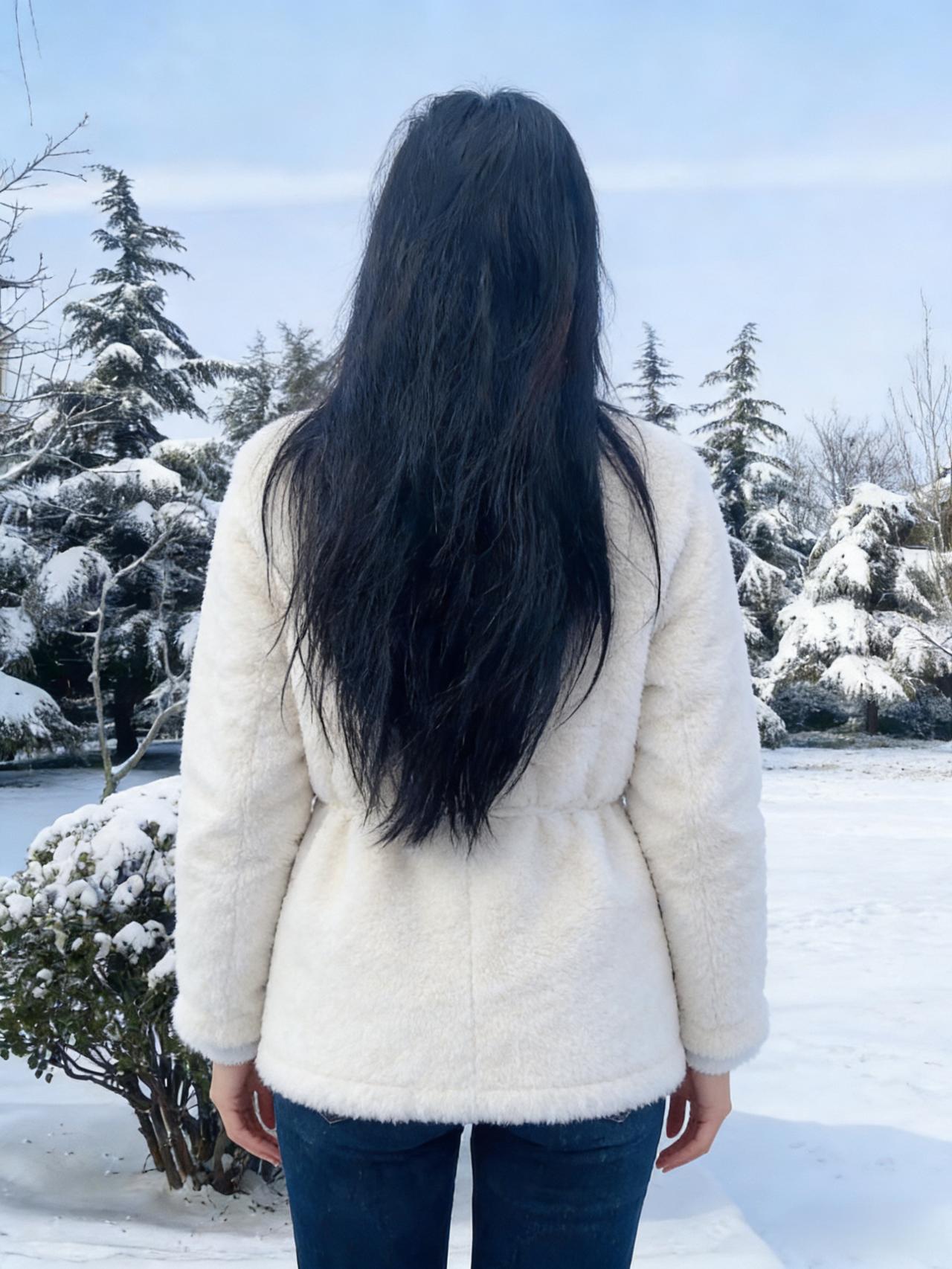 她走进雪的领地，像一朵移动的云白与白相融，黑长发是云边的墨痕羽绒服的绒毛沾了