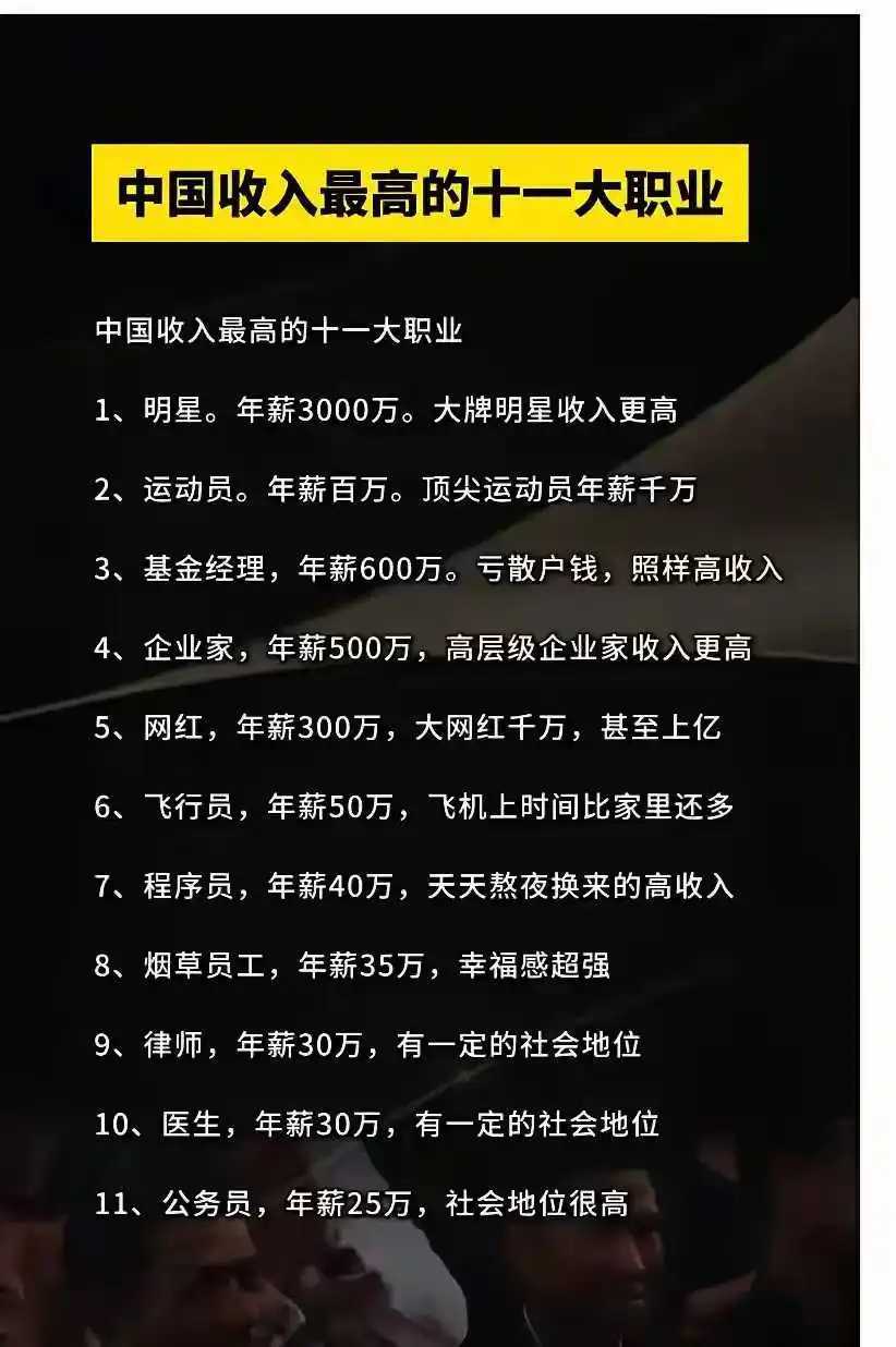 收入最高的十一大职业，难怪那么多人想当网红的。还有最后一个，稳定、有面子。​​