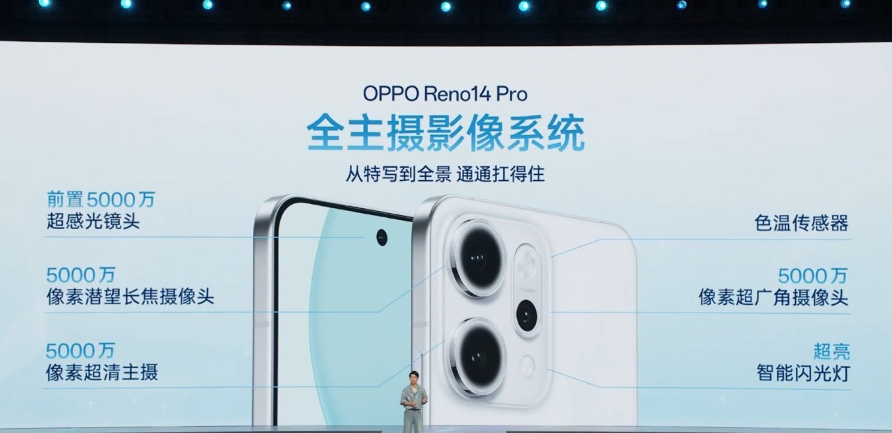 OPPOReno14Pro前置：50MP，后置：50MP主摄+5