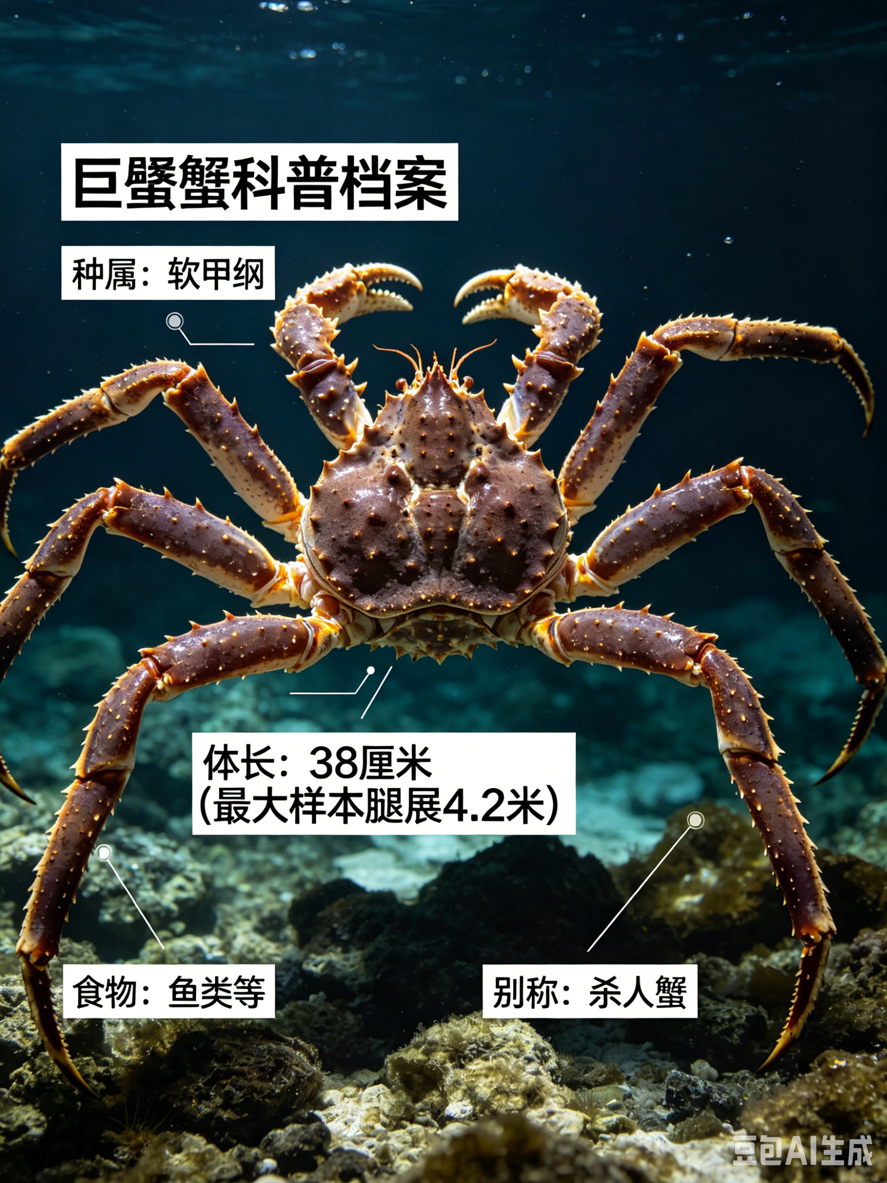 海洋朋友圈巨螯蟹海洋档案种　属：软甲纲体　长：体长38厘米，最大样本腿展开后长