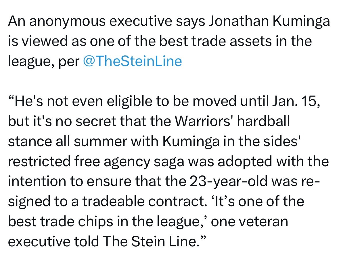 MarcStein：一位匿名高管表示，库明加被视为联盟最优质的交易资产之一：“