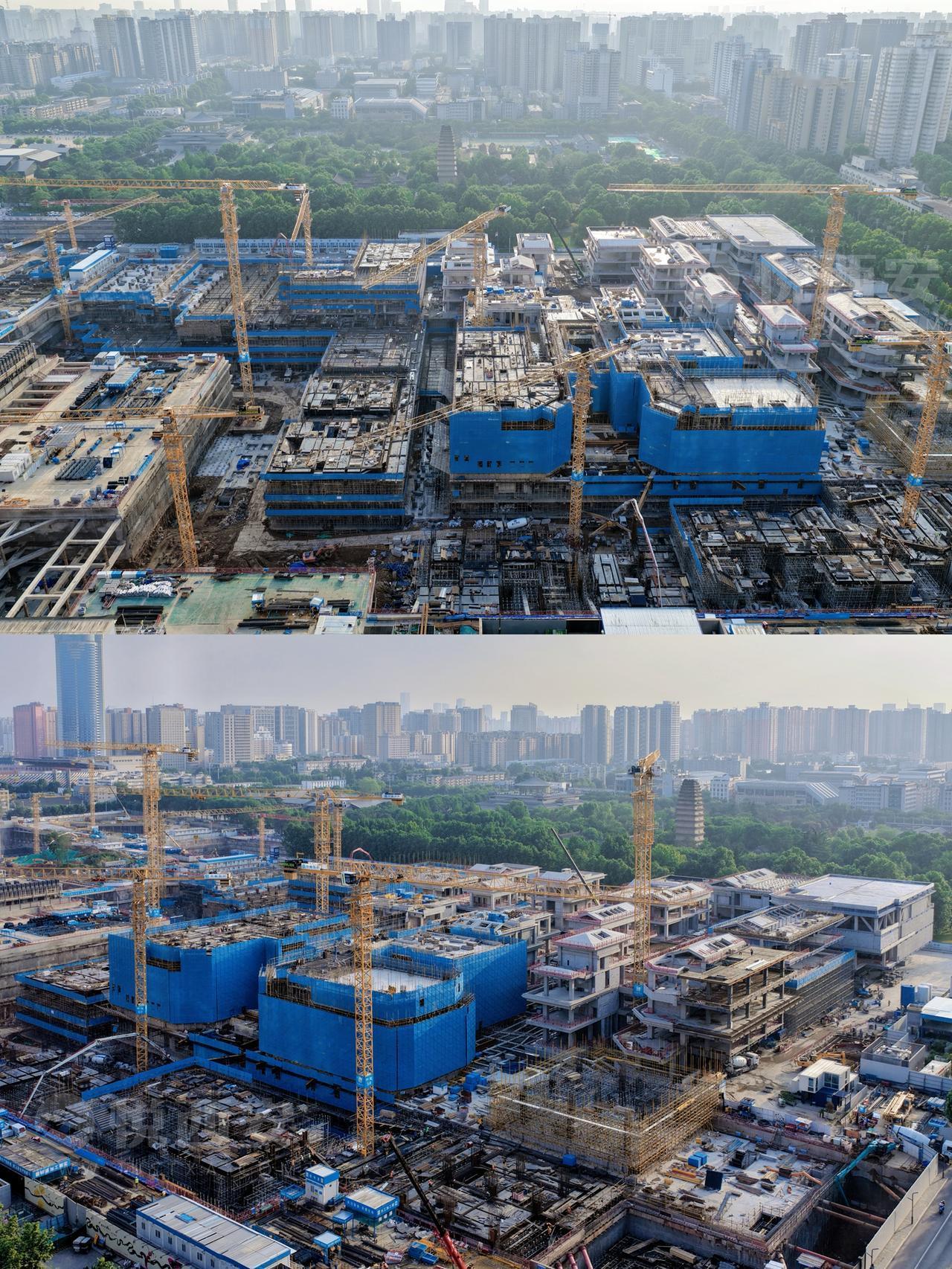 全景航拍西安太古里，冲出地面的独栋有了明显增加，目测超过15座；位于中部区域的居