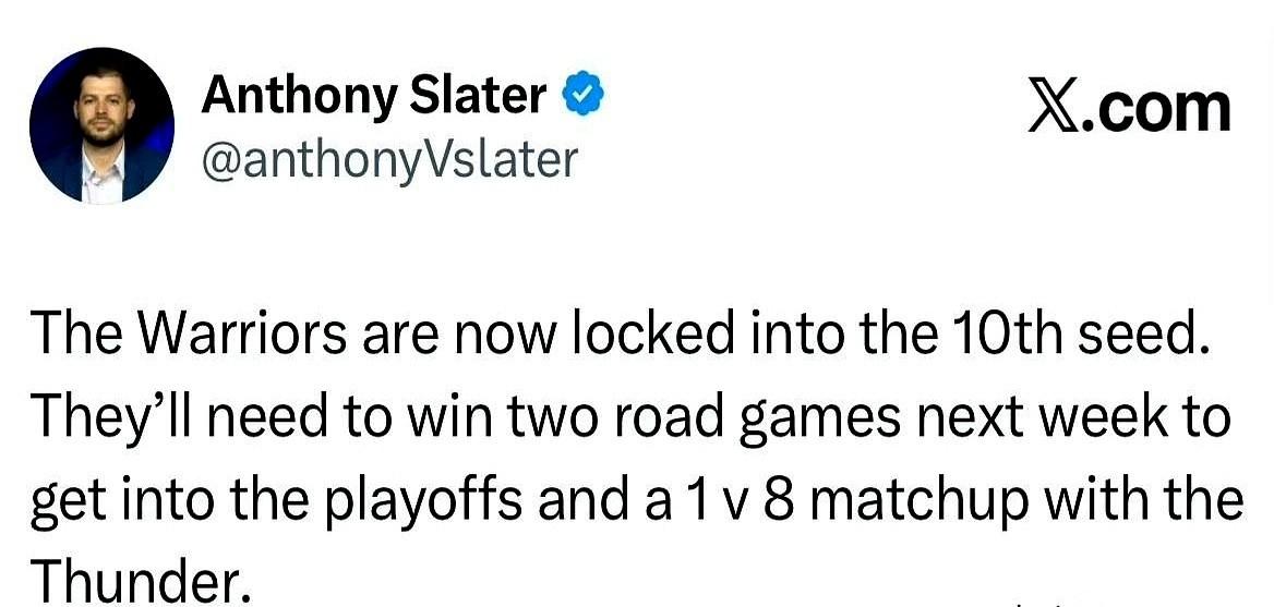 金州勇士，赛季的最终审判来了。西部第十，一个钉死的名次。想进季后赛？行。先去