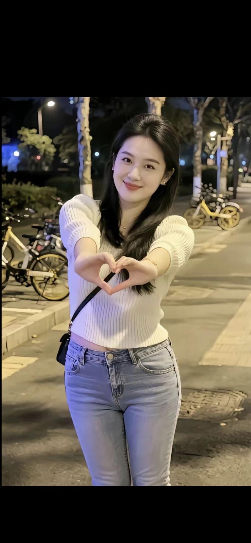 夜晚的街角，她用双手比出爱心，微笑着迎接美好夜晚。🌃💖😊
