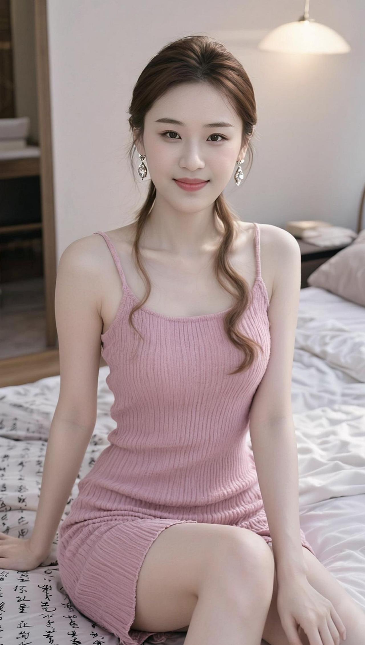 粉嫩吊带勾勒出温柔曲线，床边光影轻轻洒落，像一场静谧的梦境悄然绽放。她低头浅笑，