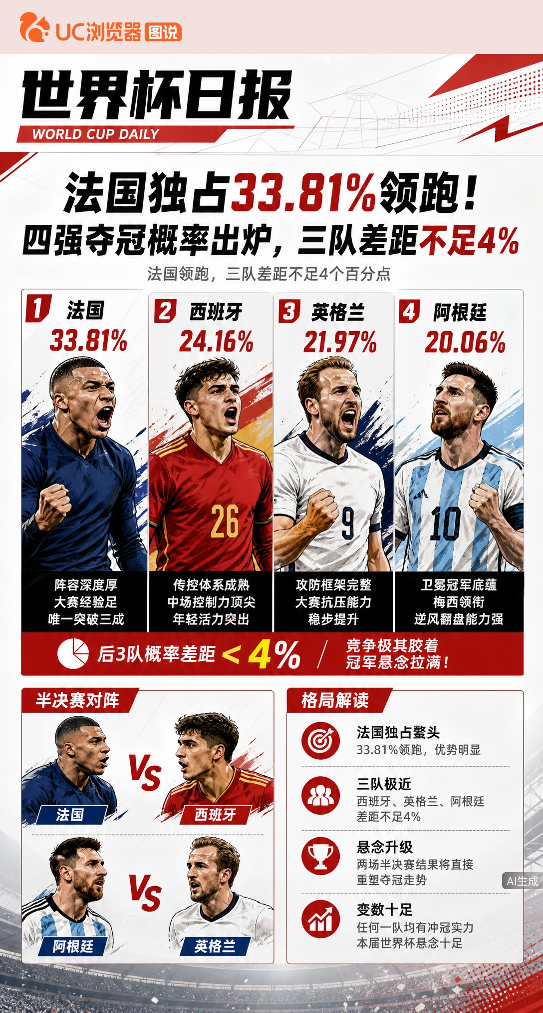 法国独占33.81%领跑！四强夺冠概率出炉，三队差距不足4%